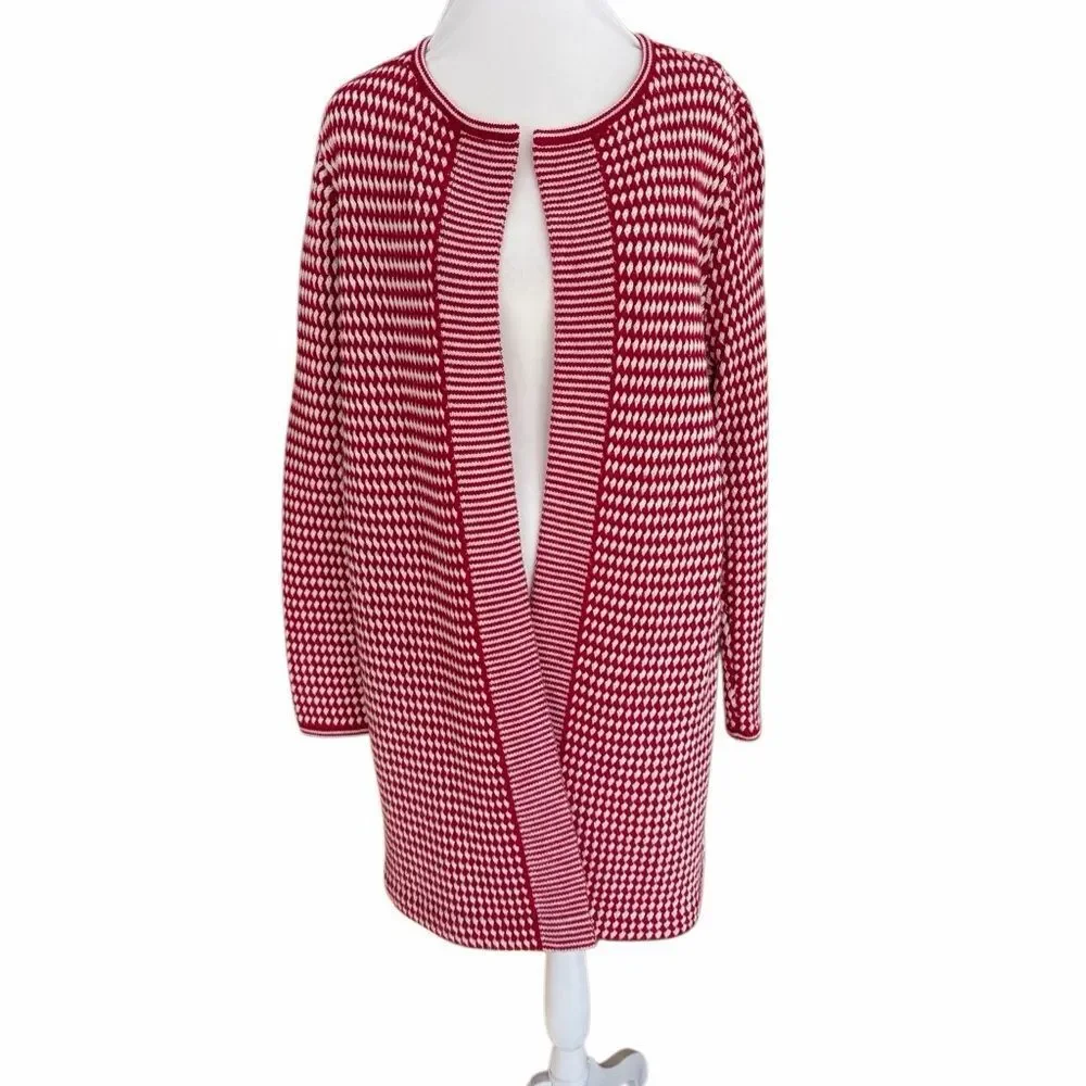 Talbots Red and White Women's 100% Merino Wool open front Cardigan size L